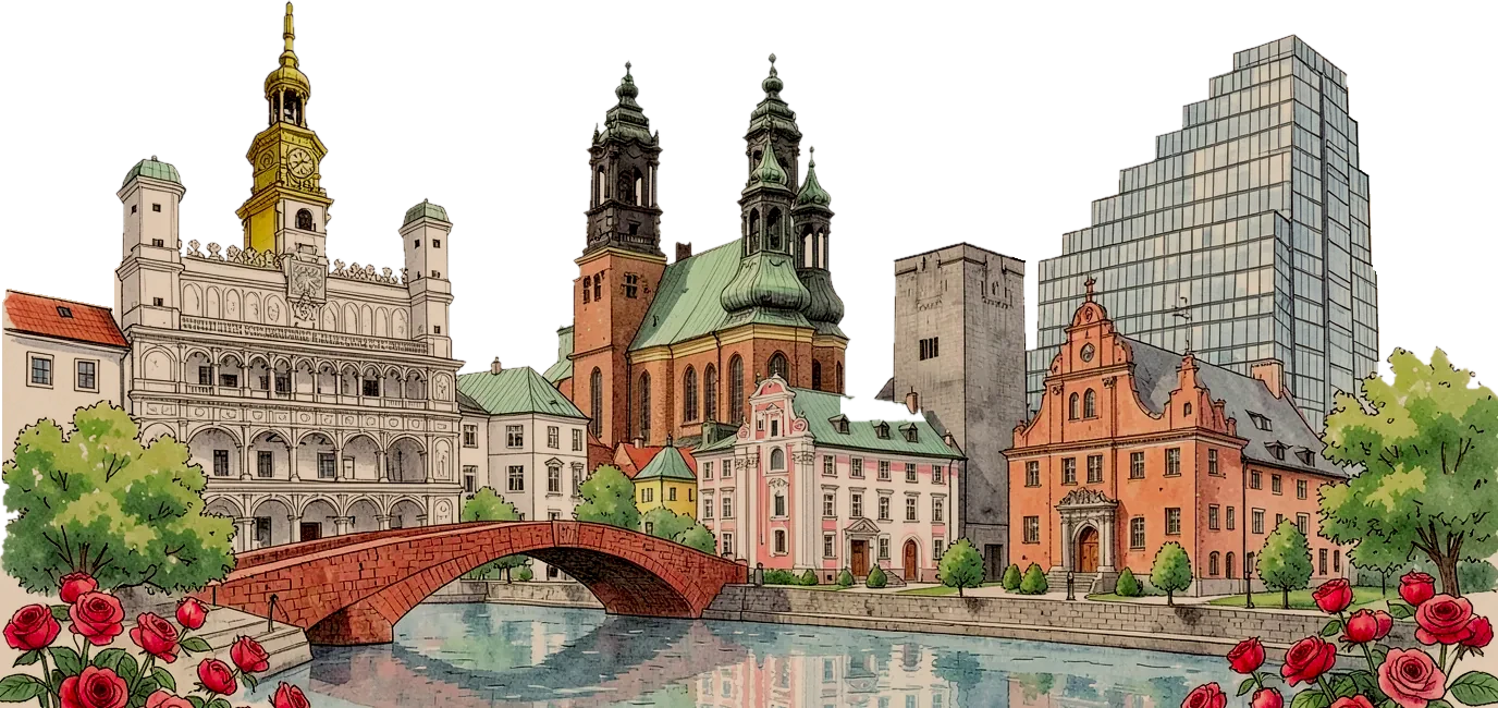 Rysunek symboli Poznania: ratusz, katedra na Ostrowie Tumskim, mostek Jordana, Fara, Zamek Cesarski, Zamek Królewski i Bałtyk wśród róż